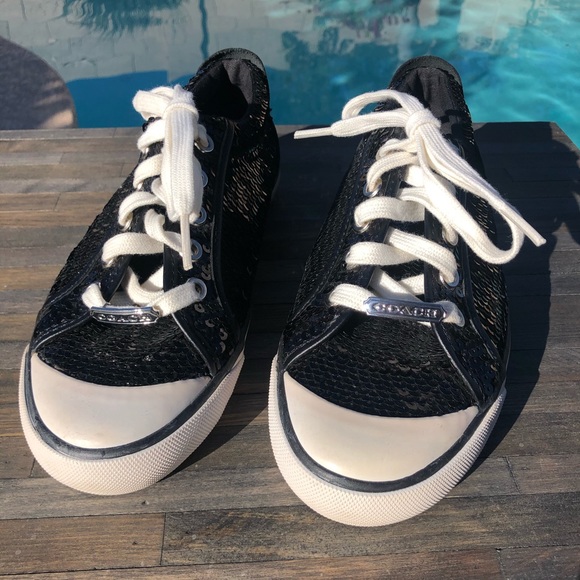 NWOT Coach Sequin Black Sneakers 6.5 B - Picture 3 of 8